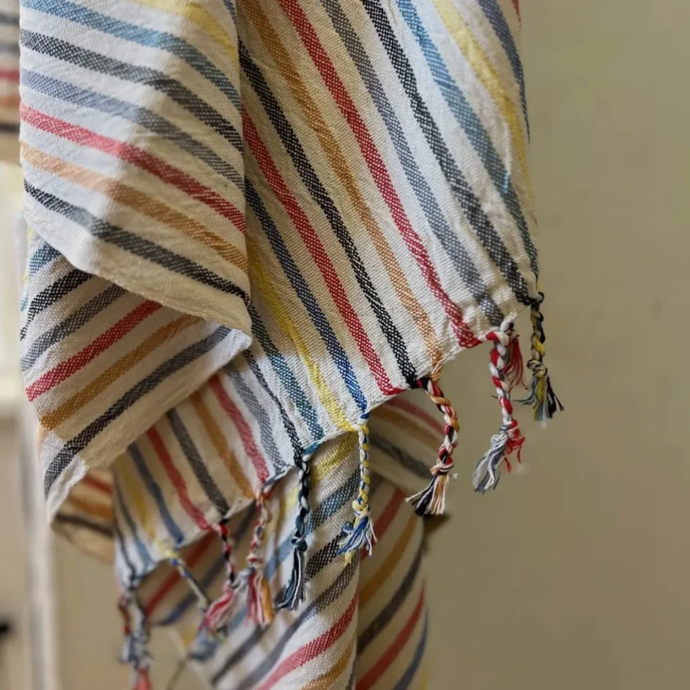 Striped Multicolor Tablecloth Hand Tied Tassels Hand Loom Weave Linen NEW